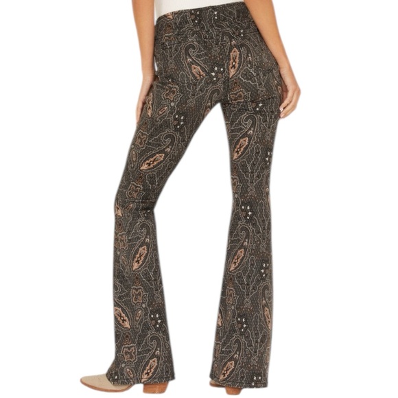 Rock & Roll Denim Paisley Print High Rise Bargain Bell Pull On Flare Jeans 28x30 - Picture 1 of 9